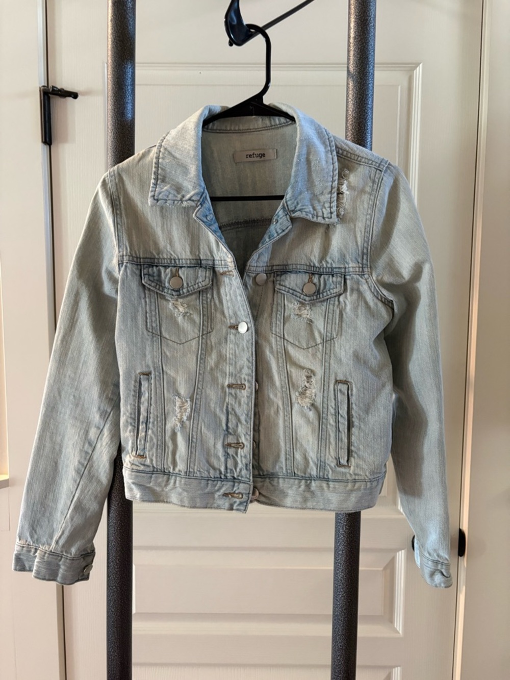 refuge Pale Blue Distressed Denim Trucker Jacket